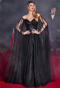 Elegant Cape Sleeve Formal Evening Dresses Black A Line Tulle Floor Length Prom Dress Shiny Sequins Beaded Bodice Women Special Occasion Gowns Vestidos De Noche