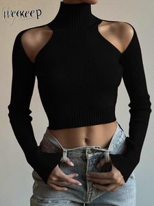 Kvinnors tröjor Weekeep Basic Black Turtleneck Sweater Pullovers Hollow Out Off Shoulder Skinny Casual Sweaters Streetwear Women Knitwear Jumper 230907