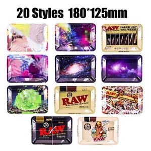 180*125mm 20 Styles Raw Backwoods Cartoon Rolling Tray Metal Cigarettrökning Små brickor Torka ört Tobaksplatta fodral Lagring Mini Machine Tool Present