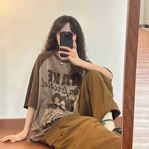 Deeptown Harajuku Vintage Graphic Brown Top Women Korean Style 90s Streetwear Eesthetic Oversize T-shirts Patchwork Letter Tees