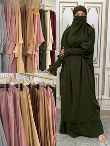 Abbigliamento etnico Donna musulmana Abito da preghiera Islam Khimar Hijab Dubai Abaya Jilbab Set da 2 pezzi Arabo Nero Turchia Negozio Cappelli Ramadan