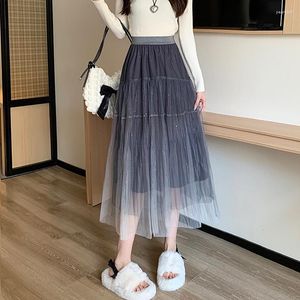Skirts SURMIITRO Women Long Pleated Tulle Skirt 2023 Korean Fashion Design Sequined Gradient A Line High Waist Midi Mesh Female