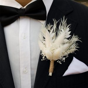 Dekorativa blommor mini pampas arrangemang bukett torkad boutonniere 2-stycke set bohemian rustik vintage bröllop groomsmen herr dekoration