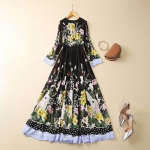 2023 Black Floral Rabbit Print Paneled Chiffon Dress 4/5 långärmad rund hals Midi Casual Dresses S3F131624 Plus Size XXL