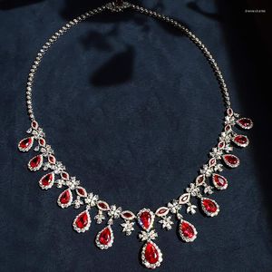 Choker vintage luksusowe białe złoto woda woda upuszcza rubin czerwony diament długie naszyjniki srebrna biżuteria na szyję dla kobiet