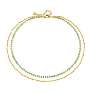 Choker ALLME Exquisite 18K Real Gold Plated Brass Green Color Crystal Strand Double Layered Beaded Necklaces For Women Female