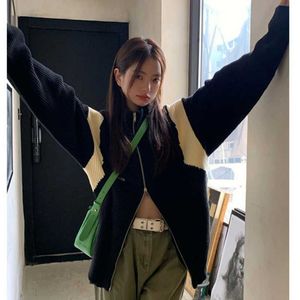 Deeptown Korean Style Kpop Oversize Zip Sweater Cardigan Women Hippie Vintage Knitted Top Harajuku Patchwork Black Jumper Female