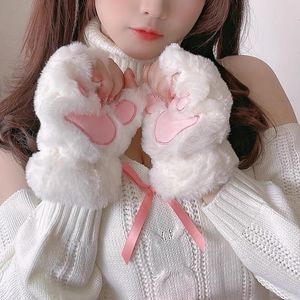 Five Fingers Gloves Kawaii Cat Claw Paw Plush Women Winter Warm Short Fingerless Fluffy Bear Mittens Costume Half Finger 230908
