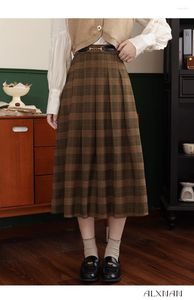 Skirts Autumn Winter Vintage Pleated Plaid Skirt Midi Women High Waisted A-Line Brown Long Preppy Style Girls