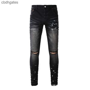 Marca de moda masculina Amiirii Jean 2023 Demin Roxo American Jeans High Street Black Paint Distressed