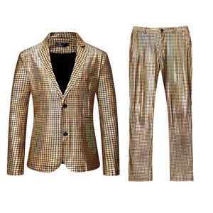 Gold Plaid Sequin Glitter Suit Men Wedding Groom Tuxedo Suits Mens Notched Lapel Prom Stage Costume With Pants Ternos Men's &242R