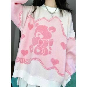 Deeptown Preppy Style Kawaii Bear Pink Sweater Women Sweet Cute Japanese Fashion Oversize Knitted Top 2000s Aesthetic Jumper