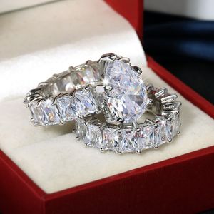 Ins Top Vender Anéis de Casamento Espumante Jóias de Luxo 925 Prata Esterlina Gota de Água 5A Zircão Cúbico Festa CZ Diamante Gemstones Mulheres Casal de Casamento Conjunto de Anel de Noiva