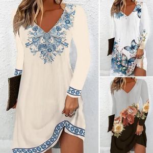 Casual Dresses Vintage Pattern Print Party Dress Women V-ringen Långärmad Löst passande Office Ladies Summer A-Line Vestido Streetwear