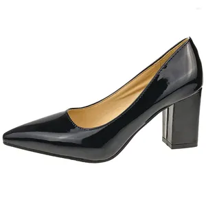 Dress Shoes Women Pointed Toe Pumps Sapato Feminino 7.5cm High Square Heels Patent Leather Fashion Work Black Party