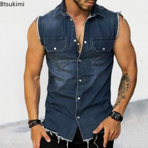 Erkek yelek yaz erkek denim yelek tişörtleri yaka cep kolu kolu üst hip hop jean ceketi yelek ceket kas erkek üstleri 230908