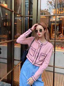 Women's Knits & Tees designer Shenzhen Private Channel Cow Goods Style New Contrast Color Double Pocket Round Neck Knit Top Cardigan G5ZT