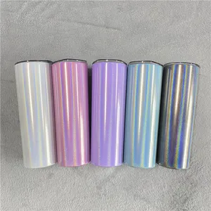 20oz weiß rosa blau schwarz lila Sublimationsrohling holografisch schimmernd glitzernd gerade dünn isolierter Vakuumbecher mit Schiebedeckel und Strohhalm