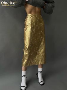 Saias Clacive Moda Slim Gold Women's Saia Elegante Chic Cintura Alta Midi Saias Streetwear Vintage Faldas Saia Feminina Roupas 230907