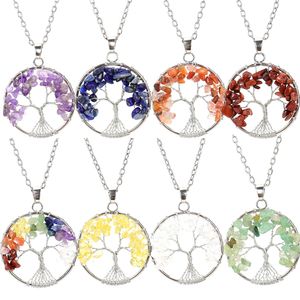 Wire Wrapped Tree of Life Chip Stone Pendant Quartz Charms Amethysts Obsidian Healing Crystal Necklaces for Women Jewelry