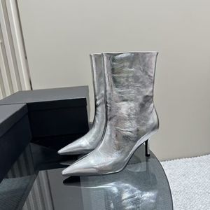 Women's Pointed Mid Heel Boots Fashion Genuine Leather Denim Silver High Heels 6.5cm Show Party Wedding Shoe Box 35-40