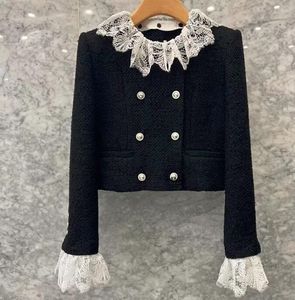 Women's double-breasted autumn lace collar tweed desinger jacket S M L XL