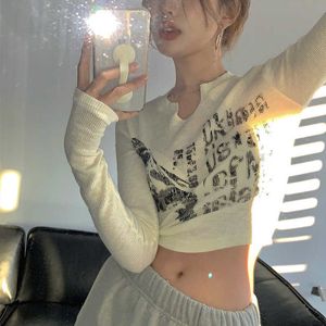 Deeptown Grunge Y2K Graphic White Crop Top Kobiety amerykańskie streetwear vintage litera długie rękawy tshirty kpop harajuku szczupłe topy