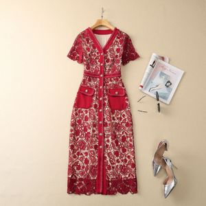 2023 Red Floral Lace Panelled Dress Short Sleeve V Neck Double Pockets Single-Breasted Casual Dresses S3F131622 Plus Size XXL