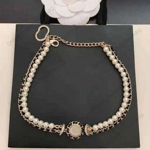 Designer smycken halsband Ny vävd pärla tvåskikts kort halsband svart läder sol blommakedja benben ben