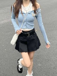 ディープタウンY2K韓国オフショルダーブルークロップTシャツ女性kpopパッチワーク2ピースセット日本スタイルの長袖トップコケット