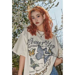 Deeptown y2k americano vintage gráfico manga curta topo feminino kpop streetwear oversize bege camisetas harajuku hippie carta t