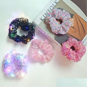 Faixas de borracha de cabelo anel de malha de lantejoulas led banda luminosa meninas acessórios de moda entrega gota jóias hairjewelry dhgarden dhyk0