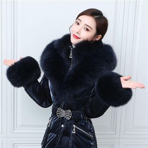 Women's Trench Coats Women Winter Warm Hooded Faux Fur Collar Big Pocket Fow Belted Coat Puffer Jacket Cotton Thick Padded Parkas Outwear