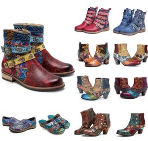 Vintage Splicing Printed Ankle Boots For Women Shoes Female PU Leather Retro Block High Heels Bohemian Ladies Winter Short Boots 22234356