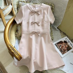 2023 Summer Pink Solid Color Ribbon Tie Bowknot Dress Short Sleeve Round Neck Knee-Length Casual Dresses S3S01M229