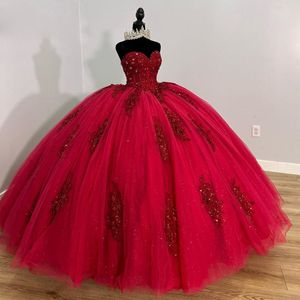 Red Sweetheart Ball Gown Dresses For Girls Beaded Birthday Party Gowns Sequin Flower Appliques Vestidos De Quinceanera 326 326