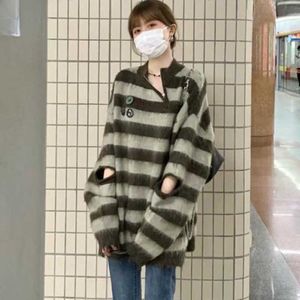 Deeptown Korean Style Y2K Striped Brown Seater Women Hippie VintageESHizeIshize Top Harajuku不規則なホローアウトジャンパー