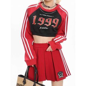 Deeptown Y2K Gyaru Red Croped Sweatshirts Women Vintage 90s Streetwear Letter Hoodies Korean Style Harajuku Long Sleeve Tshirts