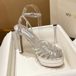 Aquazzura Flow Plateau Sandali da donna 130mm Argento Tacco grosso Abito Serpentine Cinturino alla caviglia autentico Designer da donna Scarpe Suola in pelle Tacchi da sera