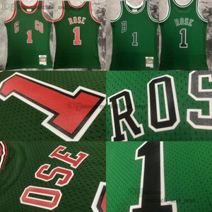 Mitchell ve Ness Basketball 1 Derrick Rose Jersey Retro 2008-09 Yeşil Kırmızı Siyah Gül Formaları Adam Klasik Nefes Alabilir Spos