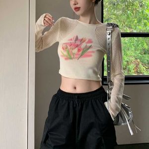Deeptown Korean Style Y2K Floral T-shirts Women Harajuku Fashion Hollow Out Slim Crop Top 2000s Streetwear Casual Knit Top Chic