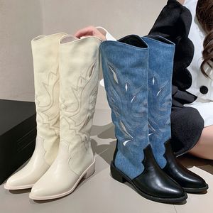 Botas Mulheres Vintage Pointy Toe Slipon Joelho Alto Wide Cowboy Square Heel Sapatos Denim Azul Western Cowgirl 230907