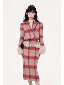 Work Dresses Plaid Suit Ladies Two Piece Thickened Woolen Coat Splicing Wool Short Skirt Autumn Winter Warm Female 2023 Clothing