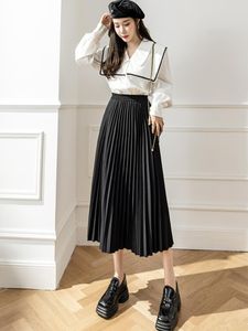 Skirts Fall Winter Pleated Long Skirt Women Korean Fashion Elatsic High Waist Female Elegant Slim Fit Solid Color Faldas Mujer