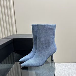 Spitze Damen-High-Heels-Stiefel, modisches Kleid aus echtem Leder, Denim-Silber, 6,5 cm, Laufsteg, Party, Hochzeit, Schuhkarton 35–40