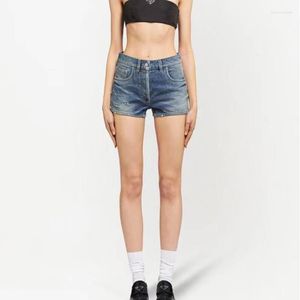 Kvinnors shorts 2023 sommar y2k bomull tvättad denim smal och mager fickläder dekoration mode mångsidiga byxor