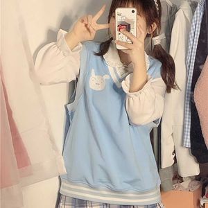 Deeptown Preppy Style Cartoon Blue Sweter Kamizelki Kobiety Kawaii Japońskie słodkie ponadgabarytowe dzianinowy top harajuku pasiaste skoczek skoczek