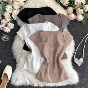 Autumn New Design Women's Square Collar Short Sleeve Thread Sticked Bodycon Tunic Sexy Shirt Knits Tees254w