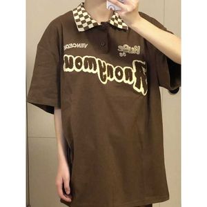 Deeptown y2k vintage marrom oversize t-shirts femininas harajuku carta bordada manga curta topo estilo coreano streetwear polo t