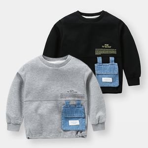 Hoodies Sweatshirts 2023 Spring Autumn Fashion 2 3 4 5 6 7 8 10 Years Children Black Gray Denim Pocket Color Patchwork Sweatshirt For Kids Baby Boy 230907